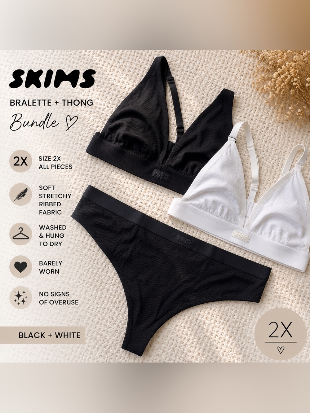 SKIMS Ribbed Triangle Bralette + Matching Thong Bundle 2X Black & White